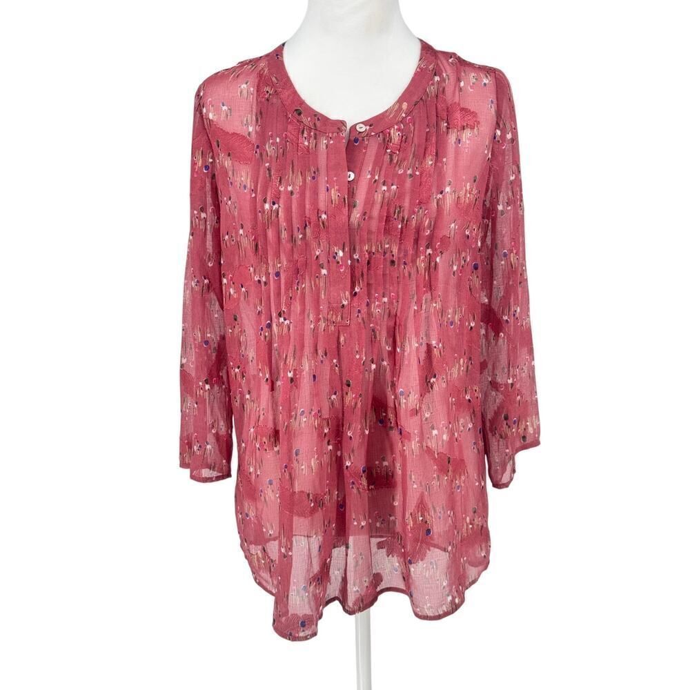Anthropologie Daniel Rainn Pink Abstract Watercolor Print Henley Blouse | Sz S